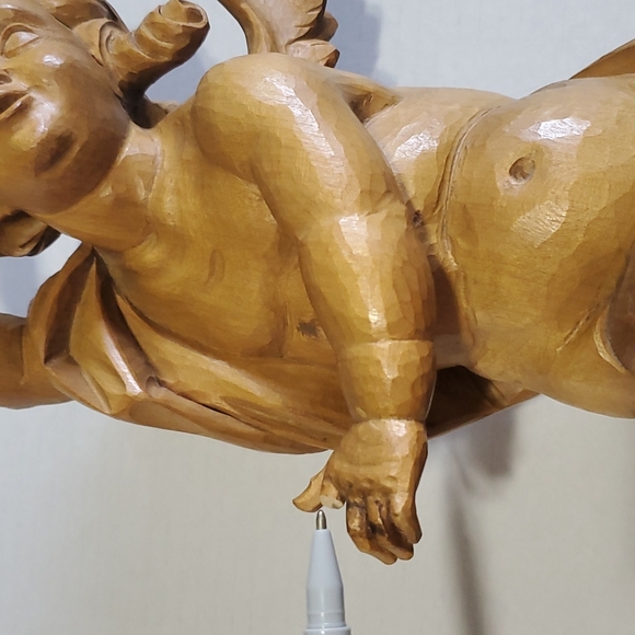 Vintage Hand Carved Wood Angel Cherub Wall Decor Figurine Tall 16" - Picture 7 of 15